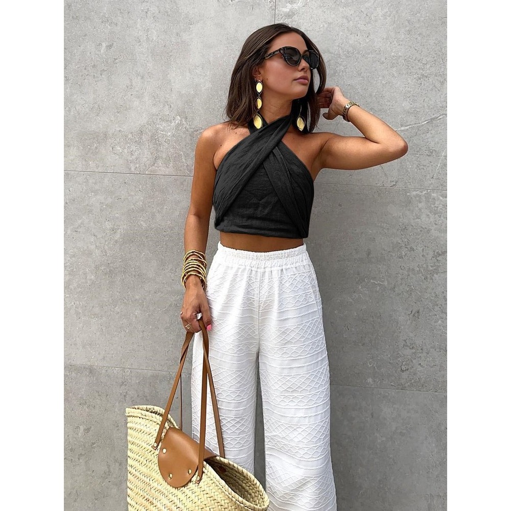 Commense Cotton & Line Crisscross Halter Tank Top black‎ size XS